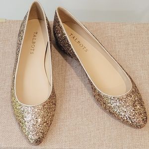 NWOT TALBOTS EDISON  METALLIC GOLD SPARKLE GLITTER LEATHER FLATS POINTY TOE- 7